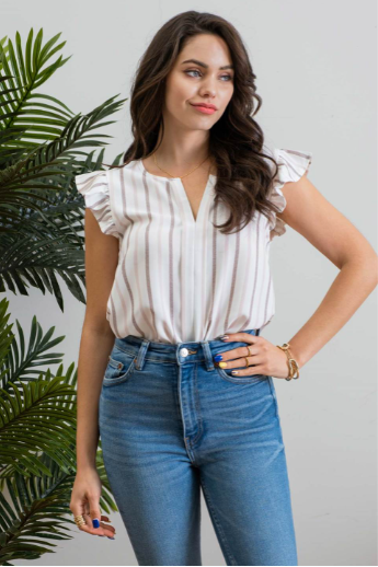 Look as sweet as a summer's day in this "Heather Striped Taupe" top! With cute flutter sleeves, a split round neckline, and a playful front-fold detail, you'll be ready for any outdoor adventure! And just to top it off, the taupe stripes add an extra bit of pizzazz. Who said stripes have to be boring?!