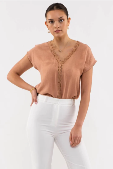 Step out in style with the "Roxie Sienna" top! Featuring a flattering V-neckline with lace edge and stylish short dolman sleeves, you'll be ready for the day without any extra effort. Who said looking great can't be effortless?