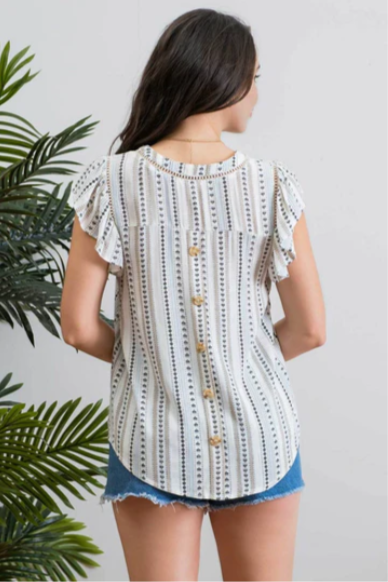 Be cool and breezy with this chambray-inspired Cindy Ivory & Blue Patterned Top! Its v-neckline and short ruffle sleeves with lace trim give it a sweet and sassy look. The back yoke and non-functional buttons round out the look, with a subtle hint of western-style flair. Yee-haw!!
