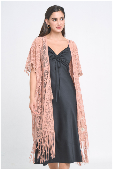 Look no further for an eye-catching statement piece! Our "Sally Dusty Rose Lace Kimono" has it all: ultra-elegant fringe, trendy lace tassels, plus an exquisite heart design that'll make you float on air. So, go ahead and rock this stunner with your favorite 'fit! One size fits most.