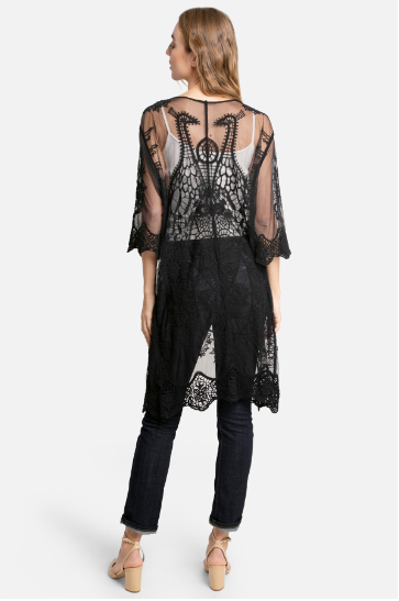 Make a statement in the "Denise Black Lace Kimono"! This beautiful piece features intricate lace with an eye-catching peacock design, flowy sleeves, and a tie front. Look fabulous while also feeling comfortable - perfect for any occasion! One sizes fits most.