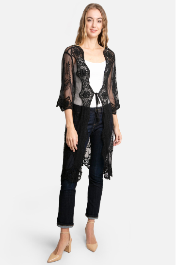 Make a statement in the "Denise Black Lace Kimono"! This beautiful piece features intricate lace with an eye-catching peacock design, flowy sleeves, and a tie front. Look fabulous while also feeling comfortable - perfect for any occasion! One sizes fits most.