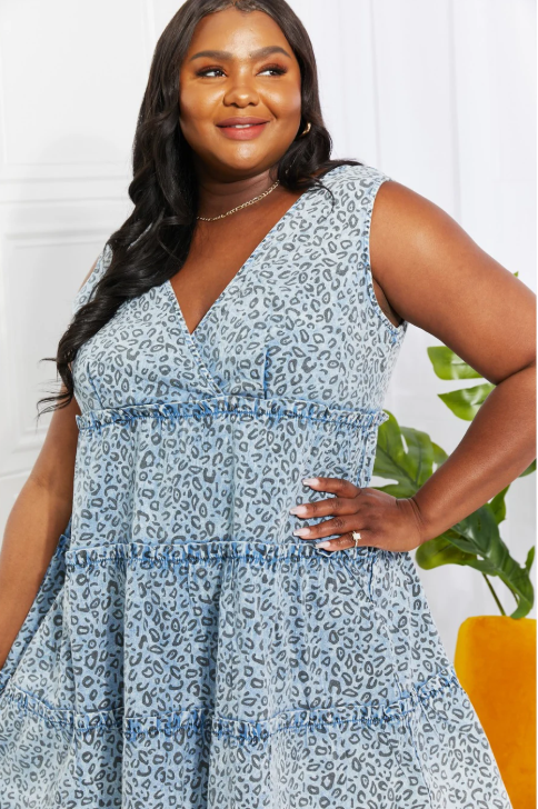 Wild One Washed Denim Leopard Dress - Dusty Blue - MEDIUM