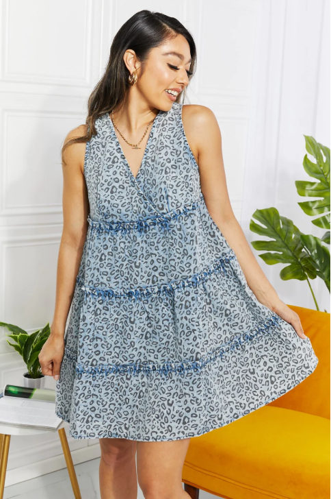 Wild One Washed Denim Leopard Dress - Dusty Blue - MEDIUM