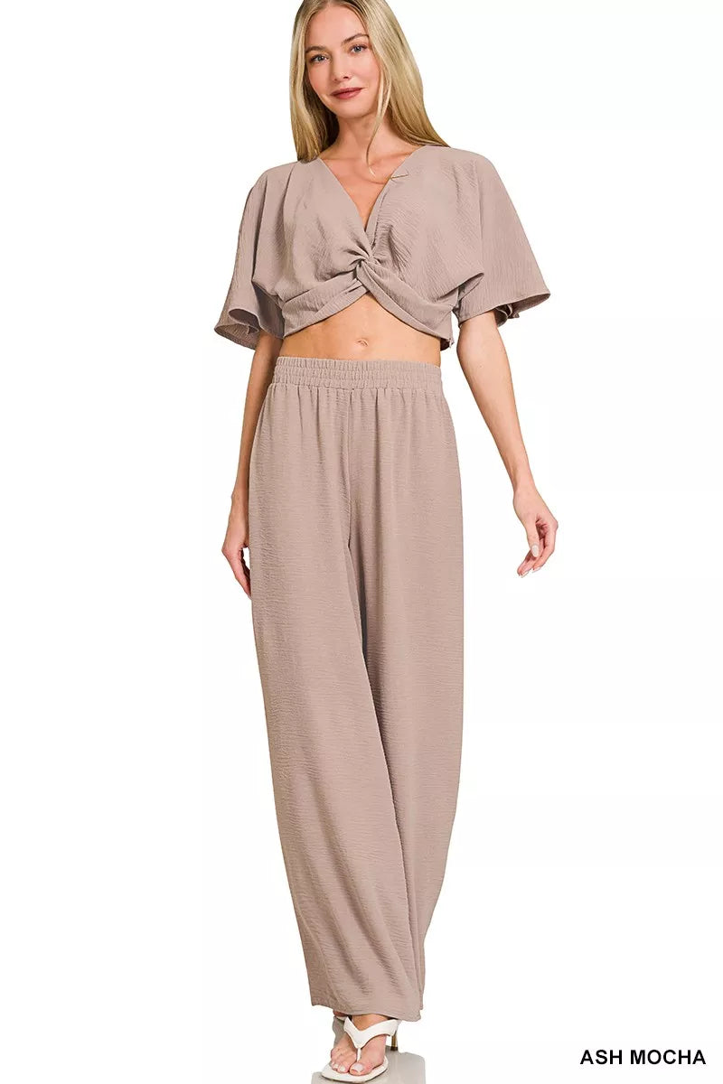 Twisted Top & Wide Leg Pants Set - Mocha - Exclusively Online
