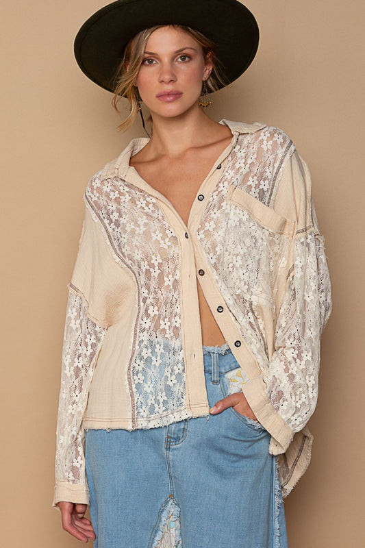 The Oversize Lace Button-Down Shirt is a trendy and fashionable piece that features a loose, oversized fit and intricate lace detailing. This shirt is perfect for adding a touch of sophistication to your outfit while maintaining a relaxed and comfortable look. The lace accents elevate the style of the shirt, making it a versatile choice for both casual and dressy occasions. S-L