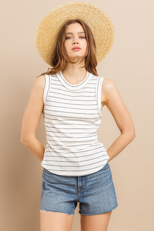 Stay cool and stylish this summer with our Striped Round Neck Tank. Made from soft and breathable fabric, this tank features a classic round neck design and trendy striped pattern. Perfect for pairing with your favorite jeans or shorts for a casual and chic look. Available in a variety of colors to suit your style preferences.  S-L