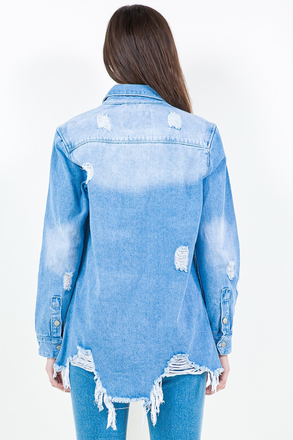 Introducing the Frayed Hem Distressed Denim Shirt Jacket. This stylish piece combines the timeless appeal of denim with a contemporary twist. The frayed hem adds a touch of edginess, while the distressed details create a worn-in look.  S - 3X
