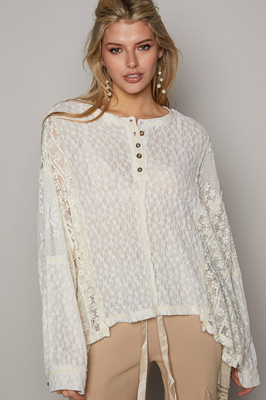 Zia - Round Neck Long Sleeve Raw Edge Lace Top - Cream - Exclusively Online