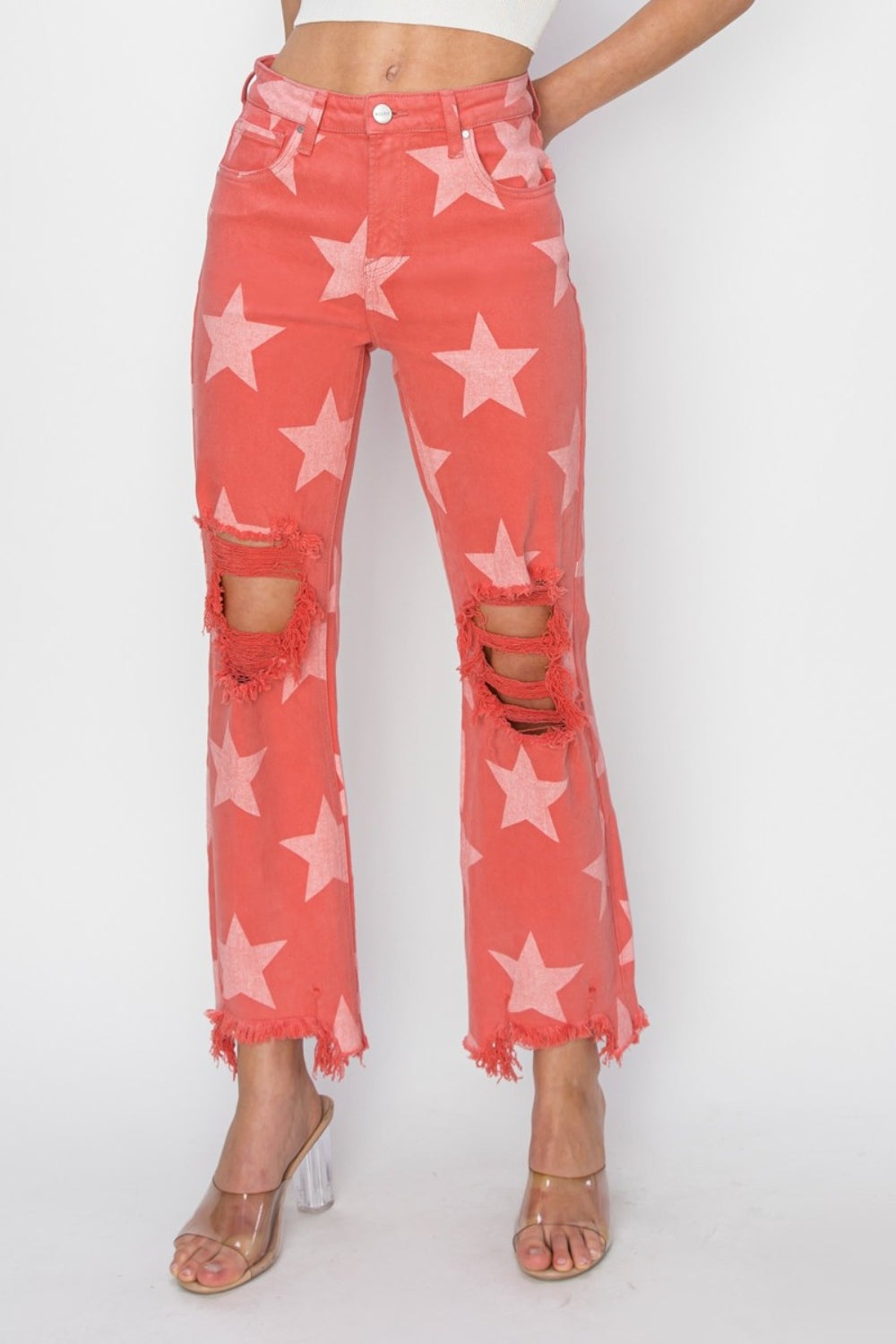 Distressed Raw Hem Star Pattern Jeans is a pair of jeans full of personality, with a unique star pattern and ripped treatment, showing a stylish rock 'n' roll style. The raw, unadorned edges at the cuffs add a touch of rebellion. These jeans are the perfect choice to show off your personality and fashion sense, whether paired with a t-shirt, shirt or jacket. Wear these jeans to make you stand out from the crowd and take center stage.