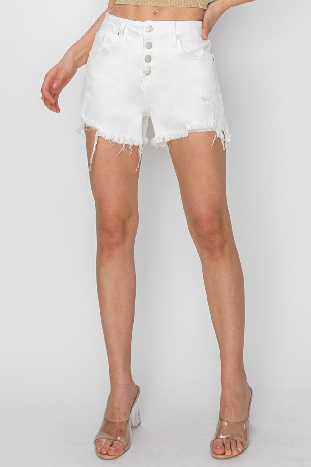 The Button Fly Frayed Hem Denim Shorts are a chic and on-trend choice for the summer. With a stylish button fly closure and frayed hem detailing, these shorts offer a fashionable and edgy look. Made from quality denim material, they provide both comfort and durability for all-day wear. S-XL