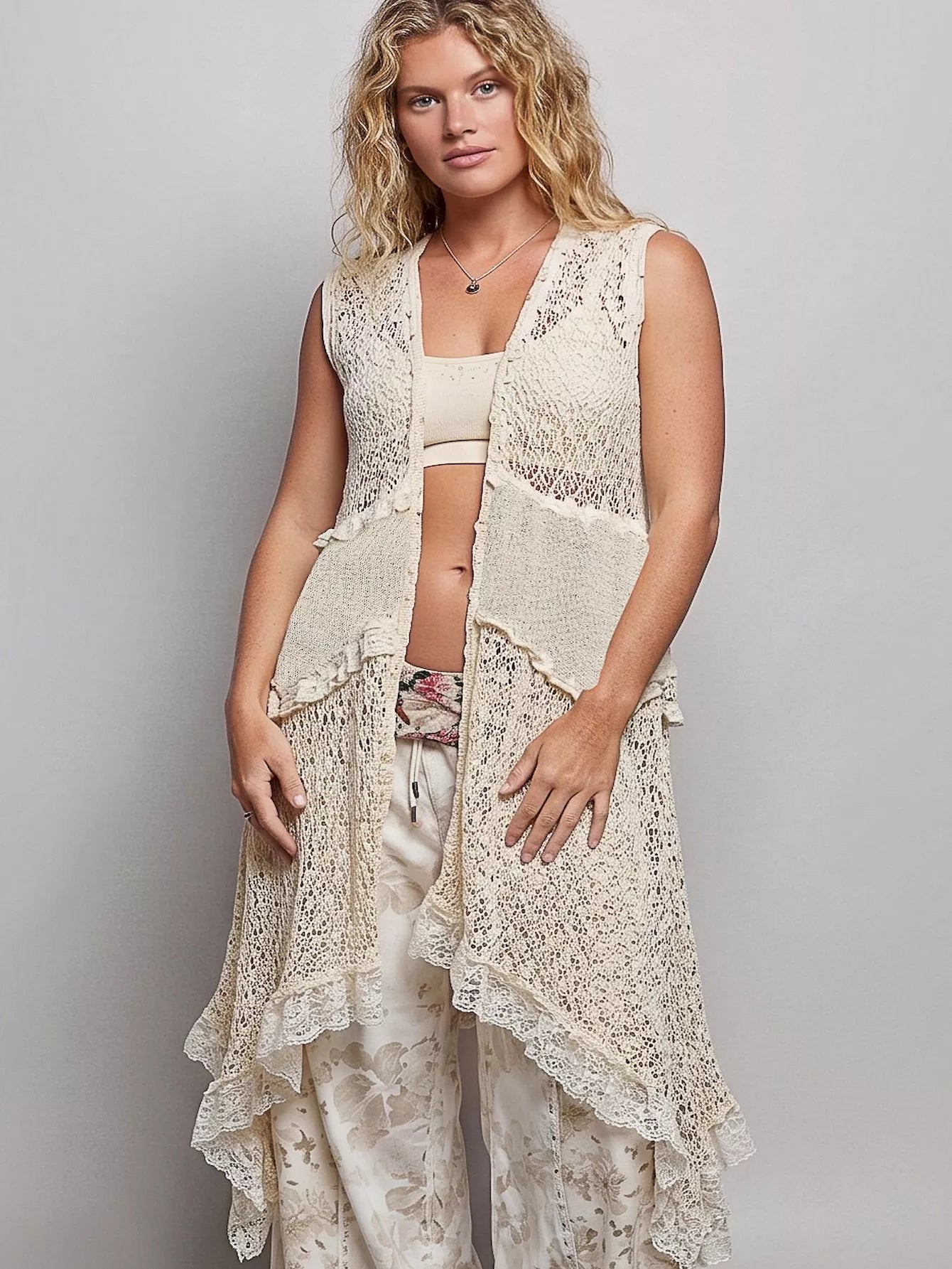 Vintage Wash Ruffled Crochet Vest Cardigan - POL - Exclusively