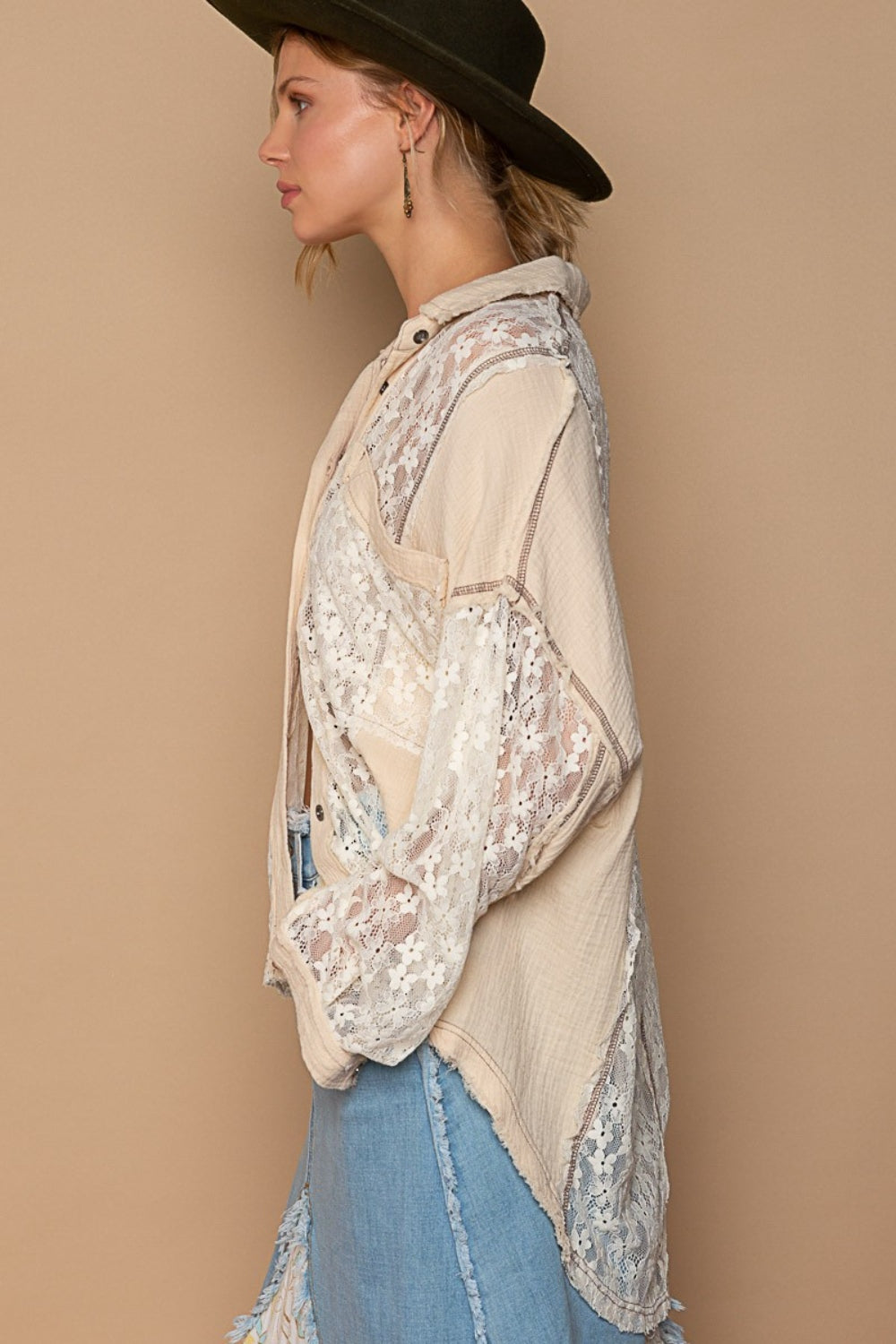 The Oversize Lace Button-Down Shirt is a trendy and fashionable piece that features a loose, oversized fit and intricate lace detailing. This shirt is perfect for adding a touch of sophistication to your outfit while maintaining a relaxed and comfortable look. The lace accents elevate the style of the shirt, making it a versatile choice for both casual and dressy occasions. S-L