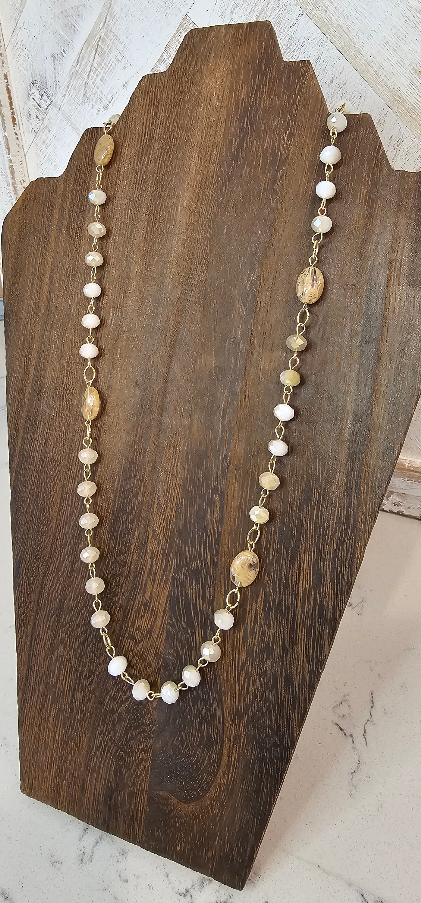 Adjustable Color: Gold link chain with taupe stones & glass beads Limited supply!