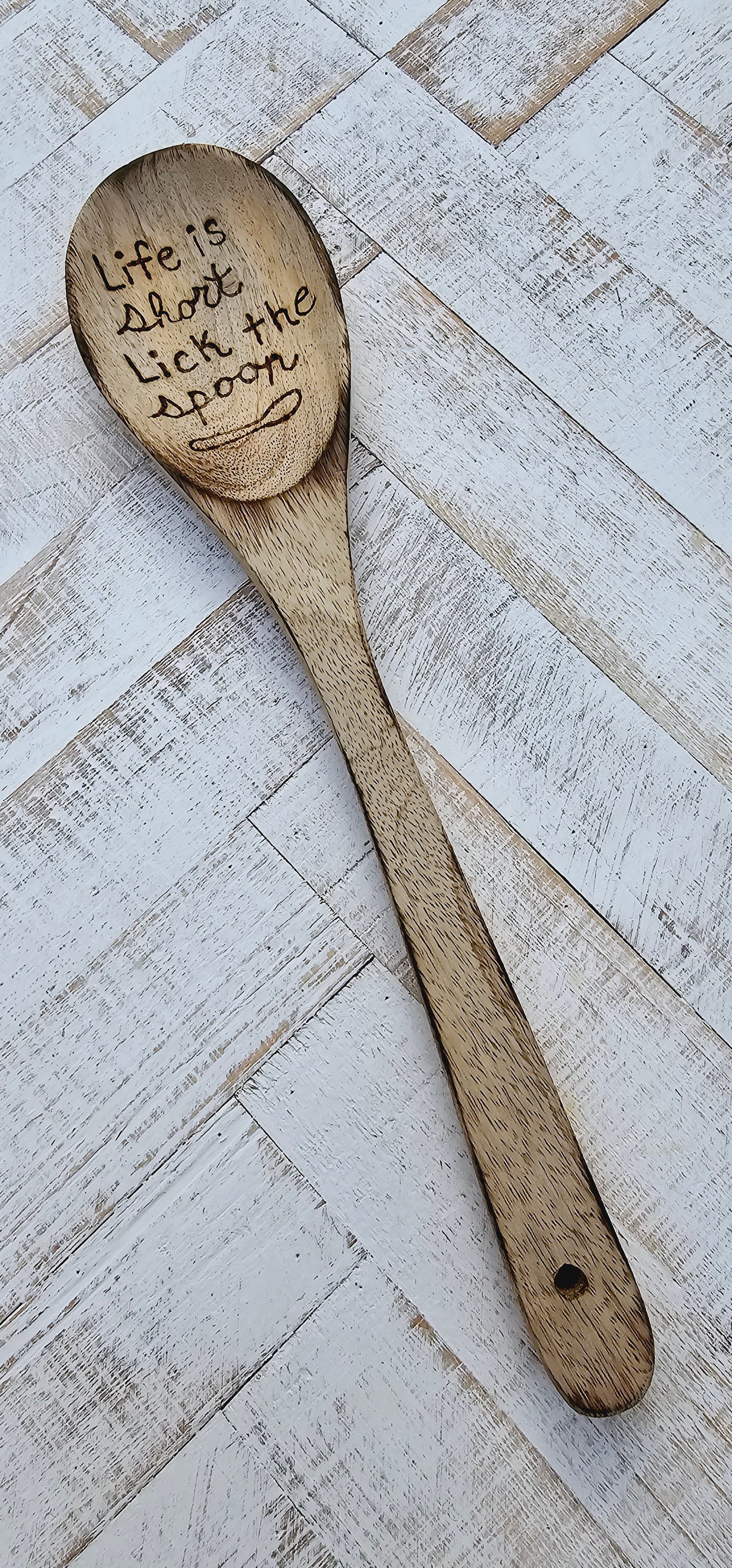 Wooden spoon and kitchen towel set. Custom engraved burned. Color and burning may vary due to custom work.