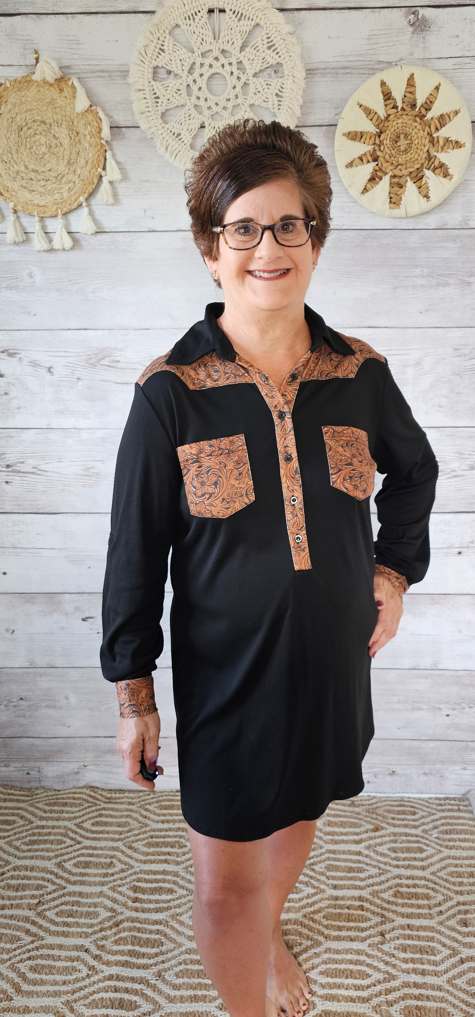 Black Long Sleeve Dress, Chest Pocket, Button Down, 3/4 Sleeves