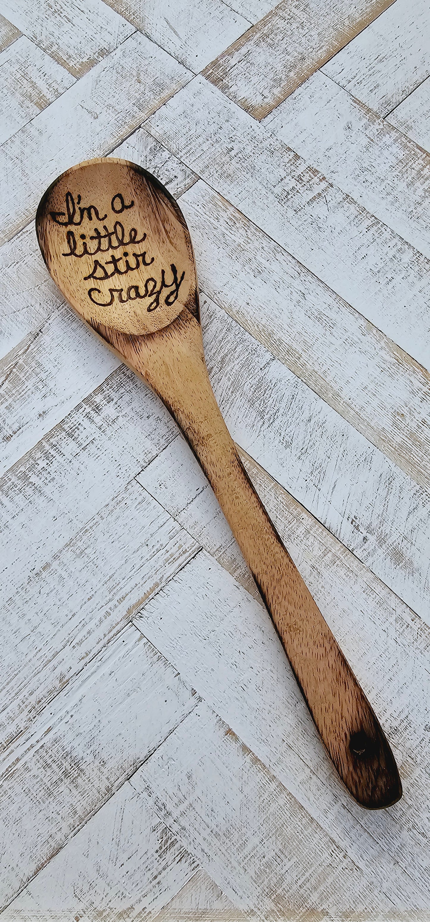 Wooden spoon and kitchen towel set. Custom engraved burned. Color and burning may vary due to custom work.
