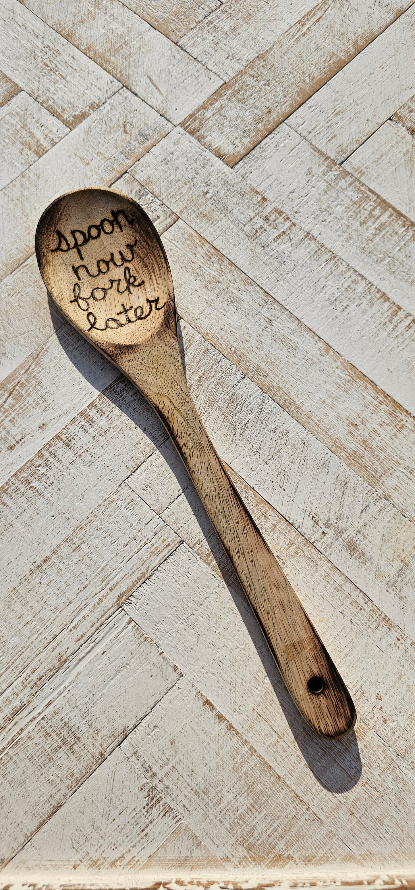 Wooden spoon and kitchen towel set. Custom engraved burned. Color and burning may vary due to custom work.