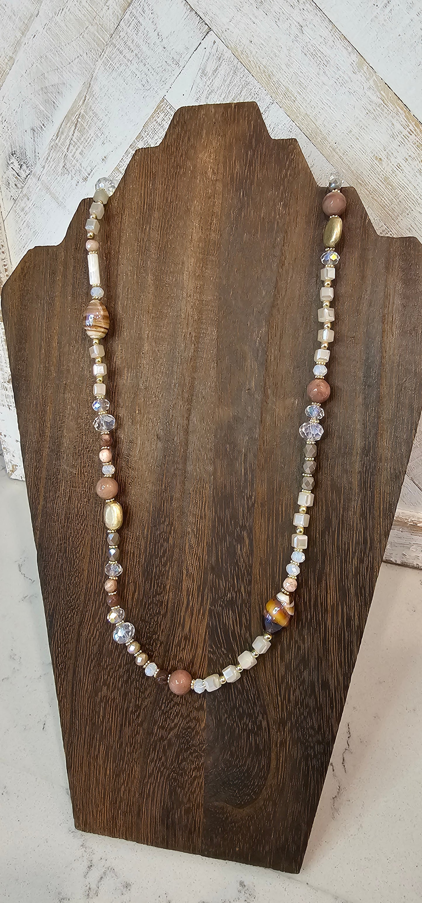 Adjustable Color: Gold link chain with brown stones & glass beads Limited supply!