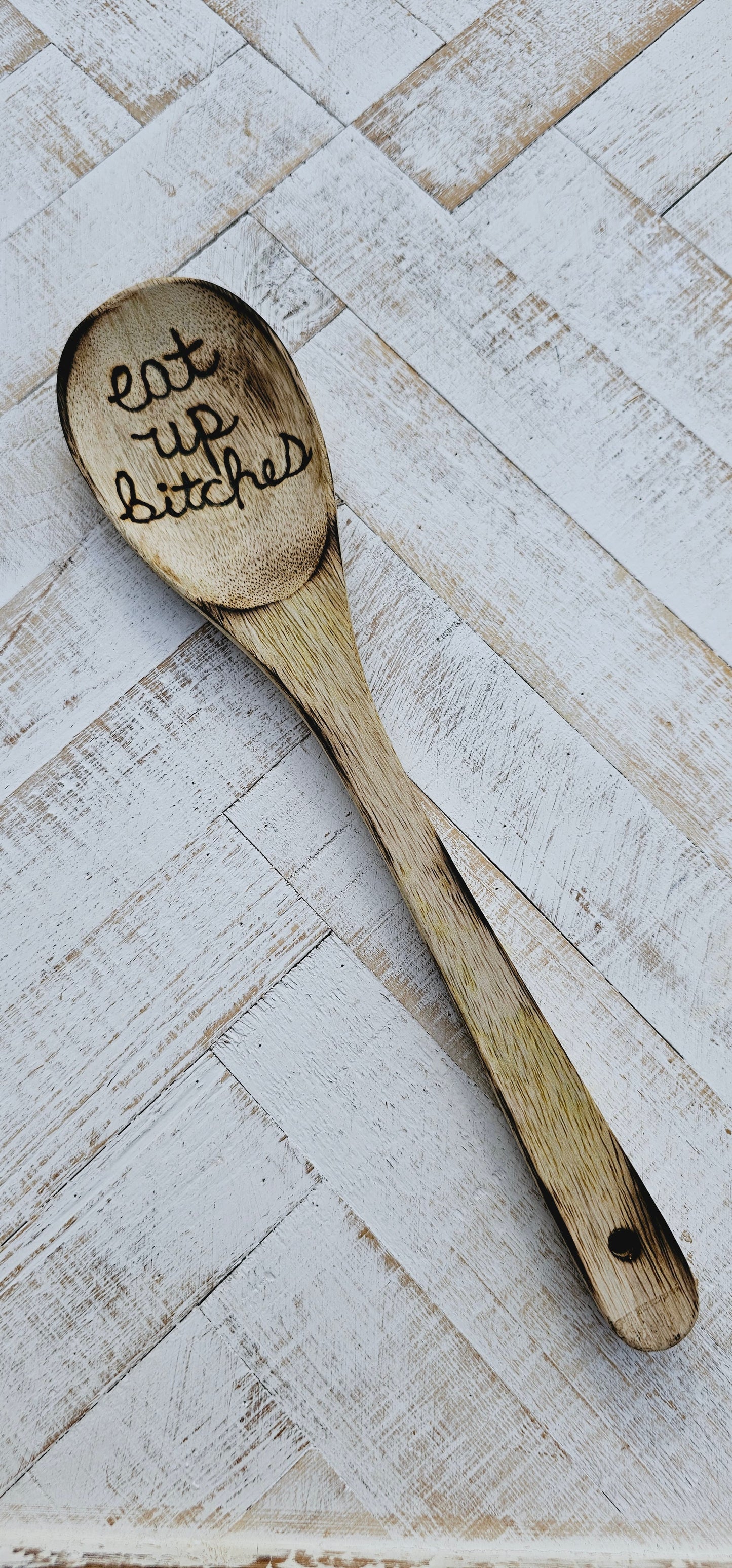 Wooden spoon and kitchen towel set. Custom engraved burned. Color and burning may vary due to custom work.