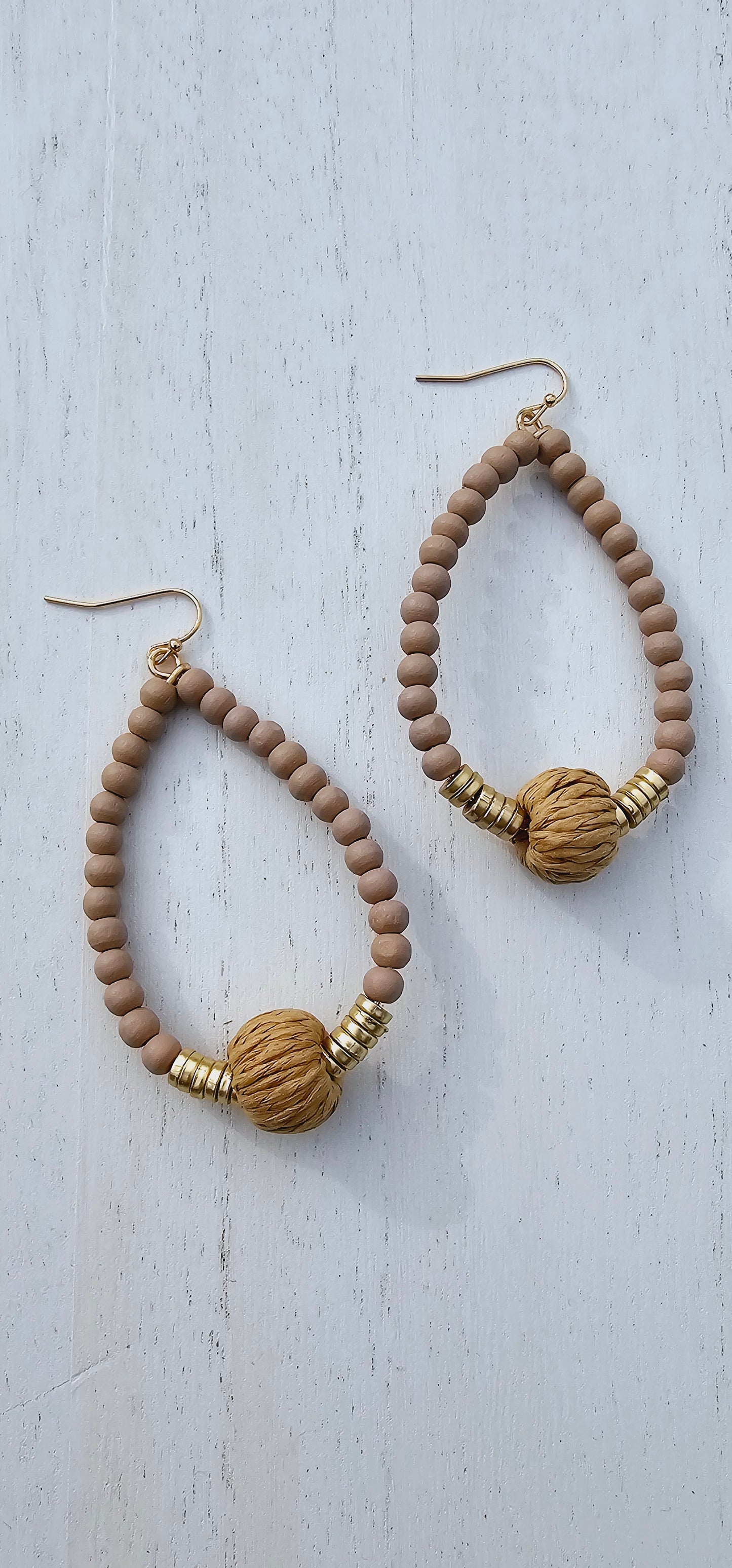 Beige wood & raffia fish hook earrings Limited supply!