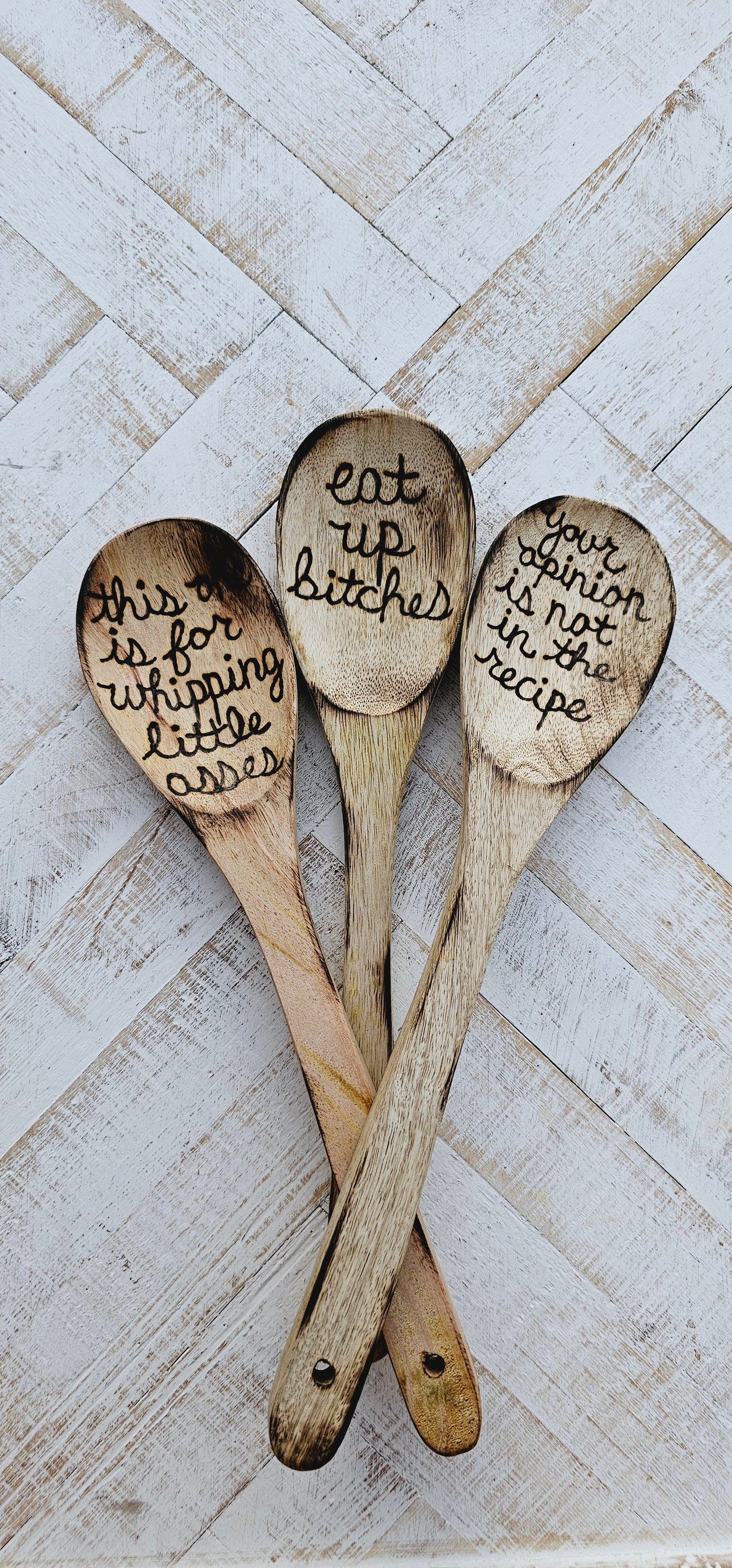 Wooden spoon and kitchen towel set. Custom engraved burned. Color and burning may vary due to custom work.