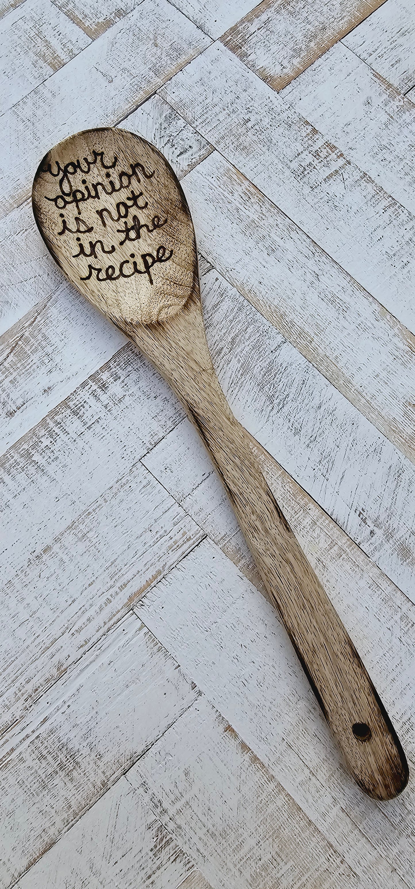 Wooden spoon and kitchen towel set. Custom engraved burned. Color and burning may vary due to custom work.