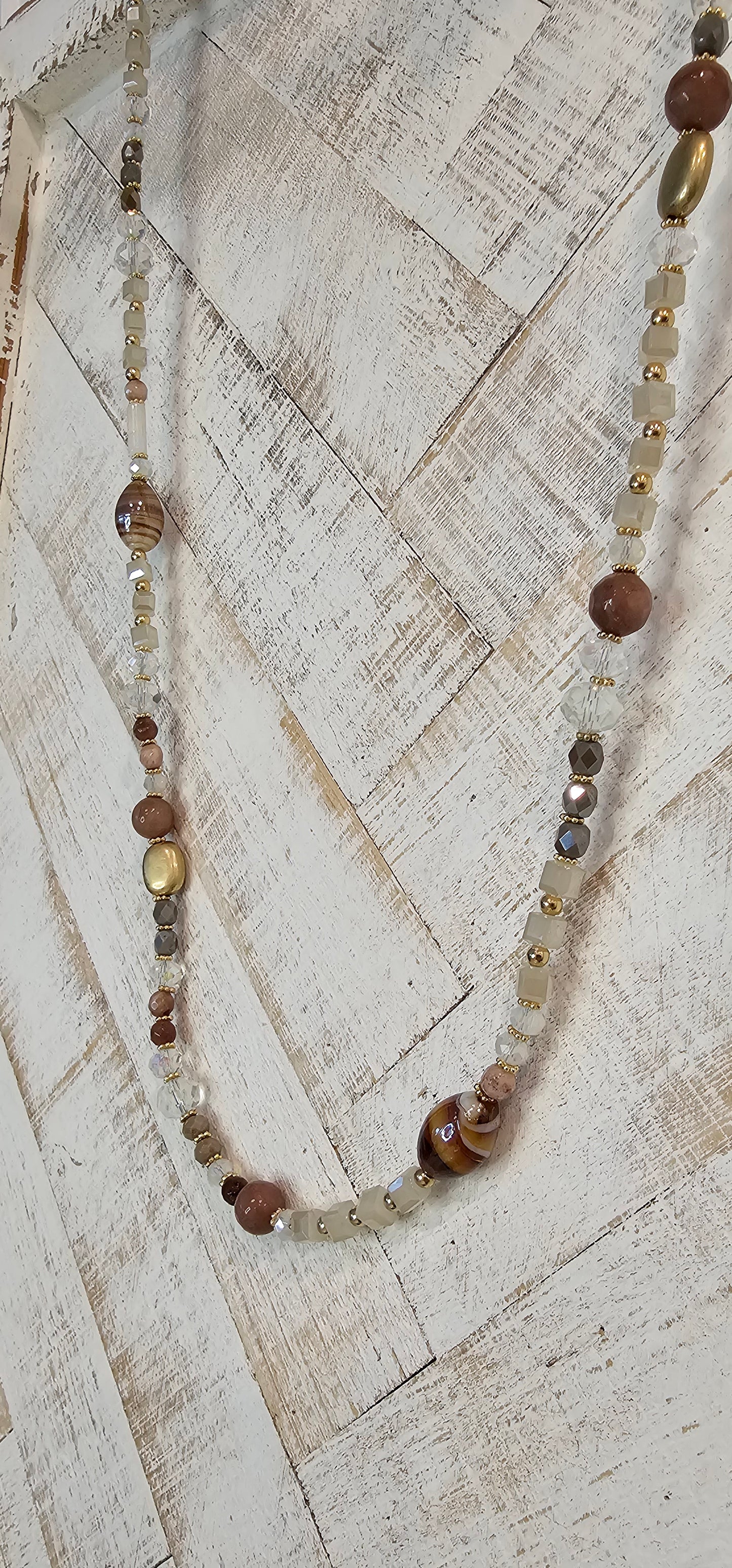 Adjustable Color: Gold link chain with brown stones & glass beads Limited supply!