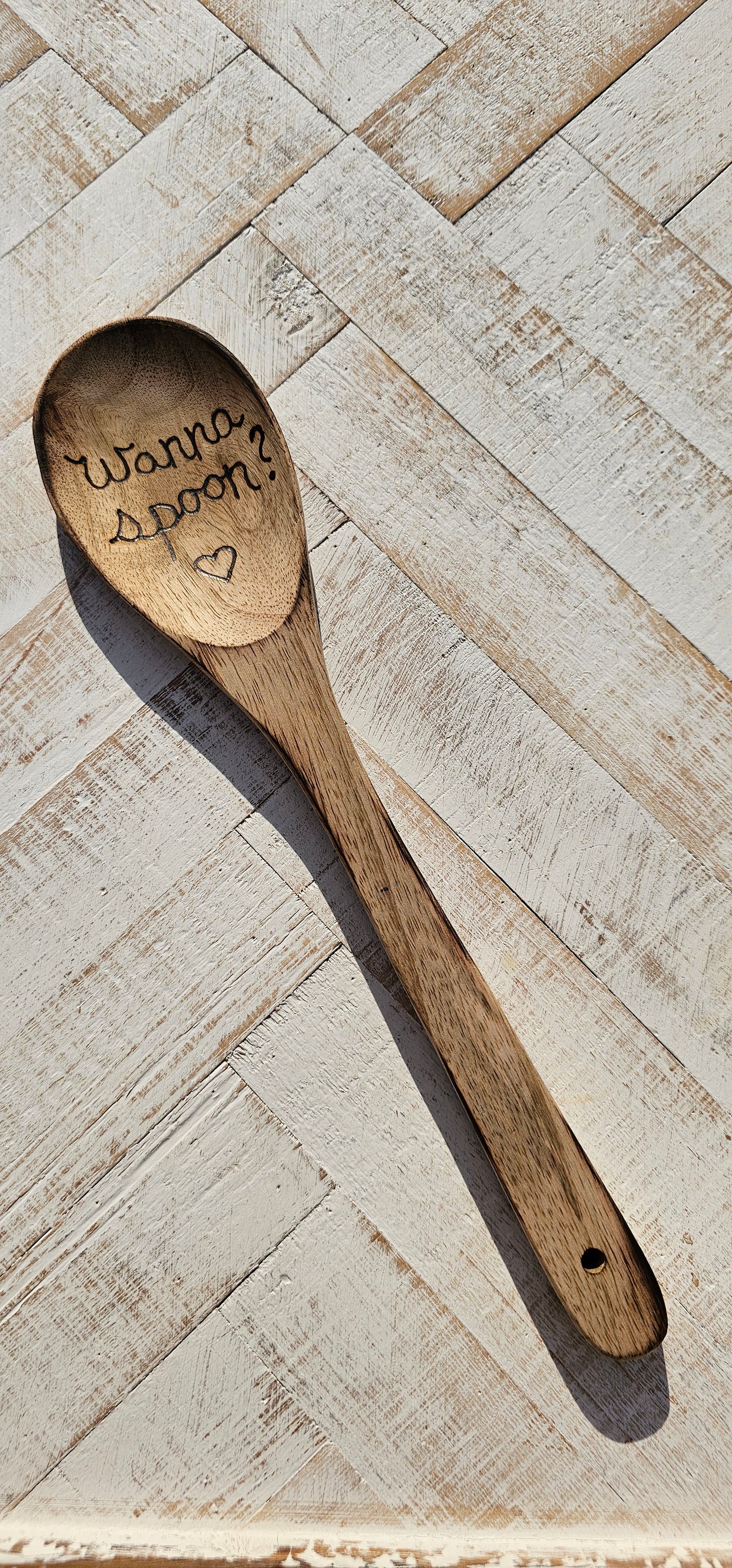Wooden spoon and kitchen towel set. Custom engraved burned. Color and burning may vary due to custom work.