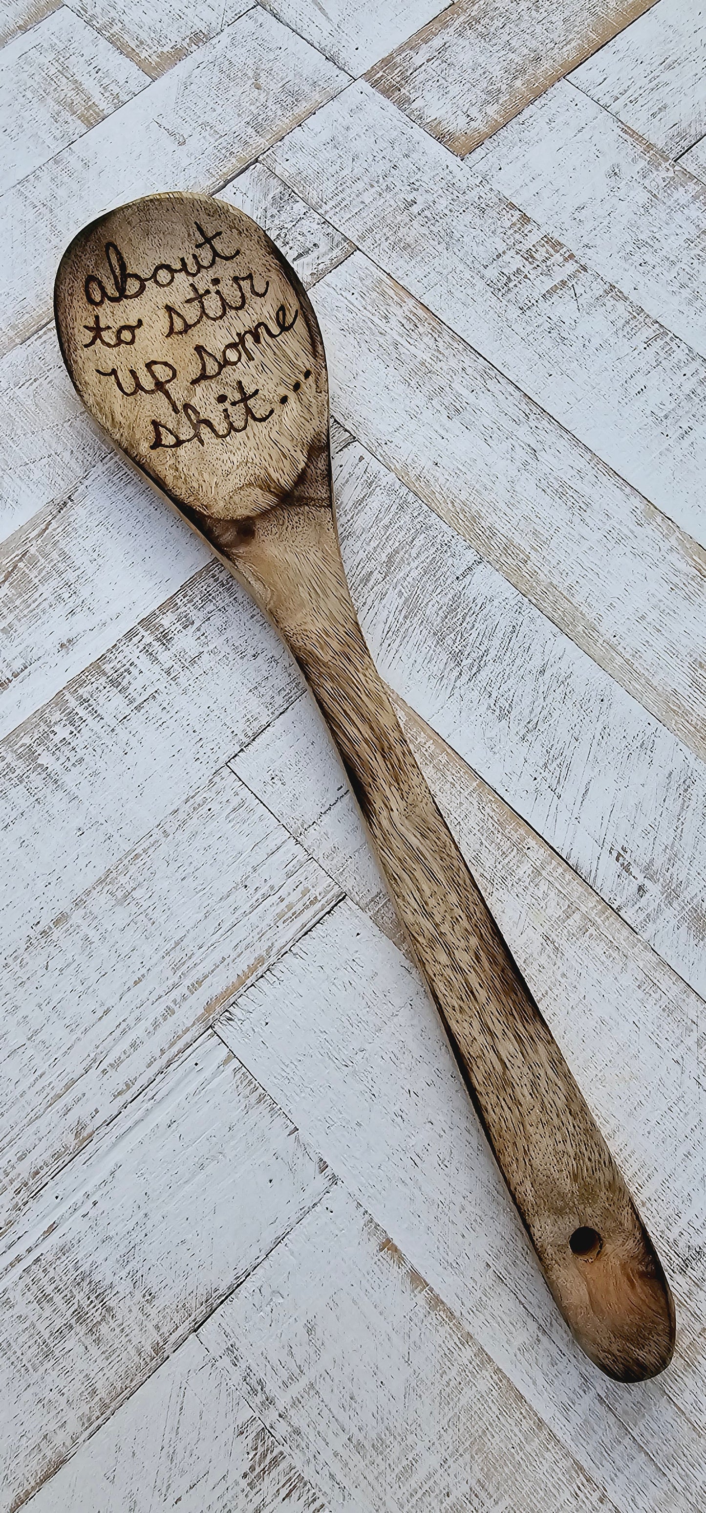 Wooden spoon and kitchen towel set. Custom engraved burned. Color and burning may vary due to custom work.