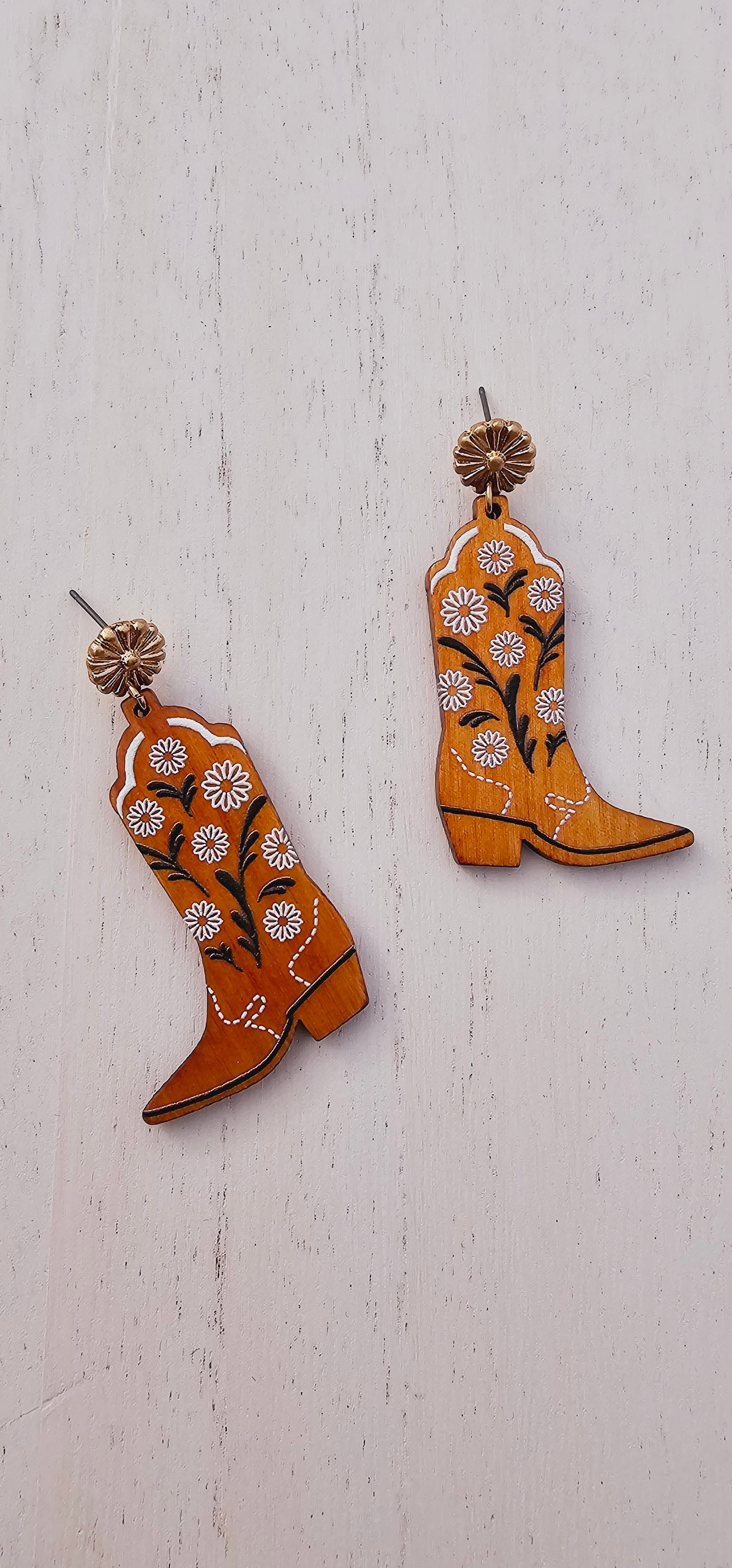 Wood floral cowboy boot post back earrings Limited supply!