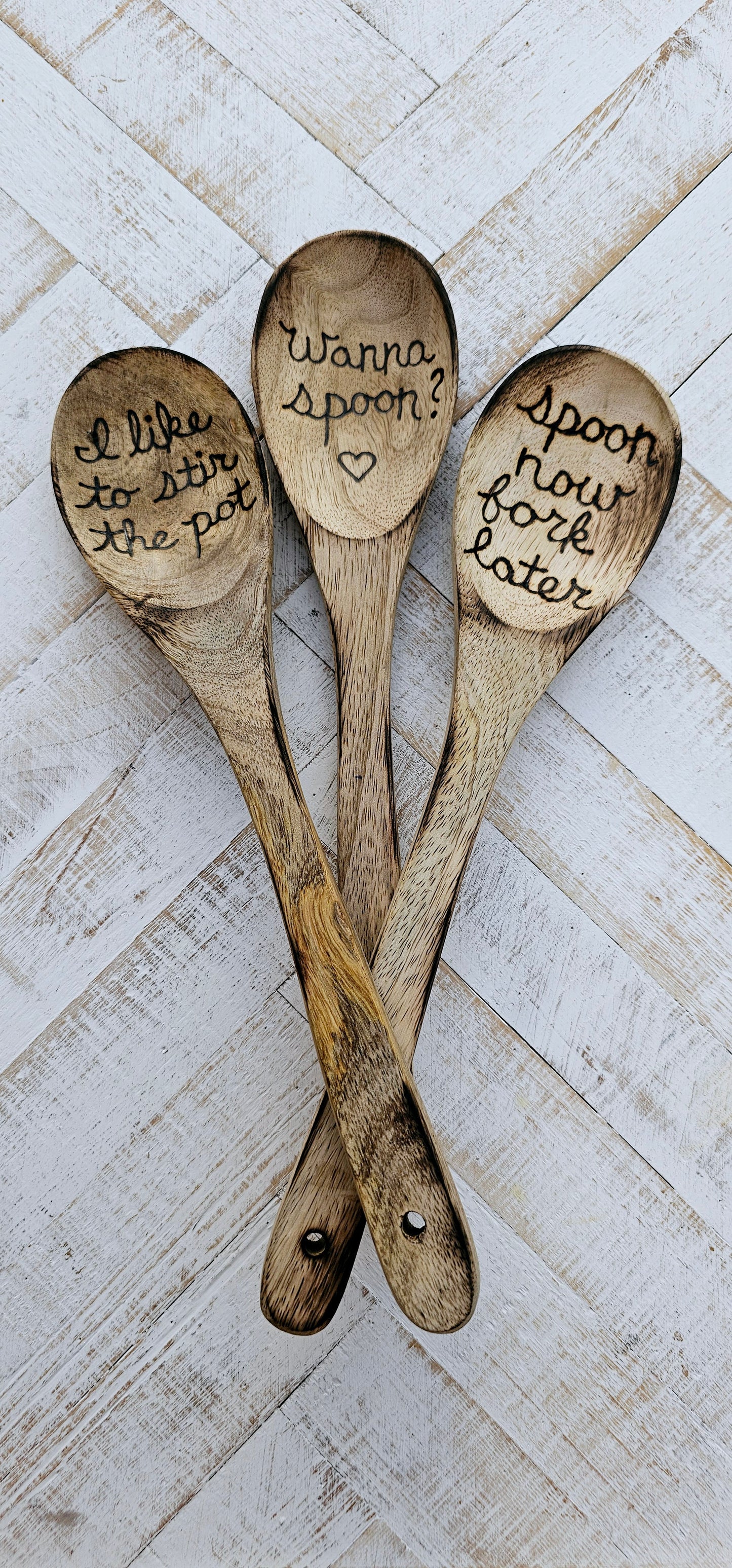 Wooden spoon and kitchen towel set. Custom engraved burned. Color and burning may vary due to custom work.