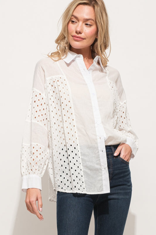 Aimee - Eyelet Long Sleeve Button Down Shirt - White - Exclusively Online