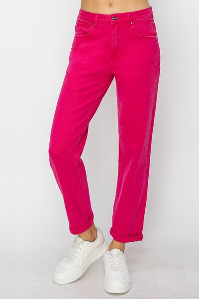 These High Waist Rolled Hem Straight Jeans are the epitome of effortless style and comfort. The high waist design not only flatters and accentuates your curves, but also provides a comfortable fit that stays in place all day long. The rolled hem adds a trendy and casual touch, giving these jeans a relaxed and laid-back vibe.