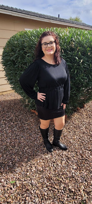 This black long sleeved top with cinched waist and scoop neckline is a must have staple to your wardrobe. "Meant To Be" is a unique black top, so you will be the only one on the block wearing this cute top. Dress it up, or use it as a casual piece.