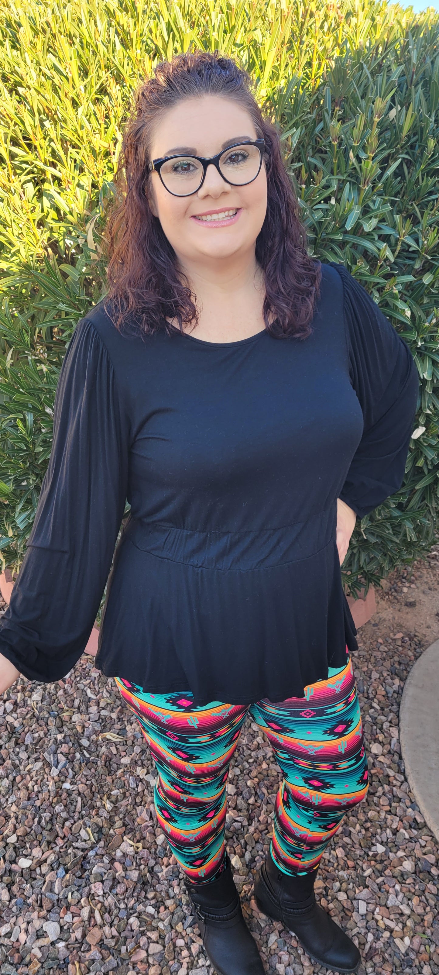 Arizona Aztec Leggings Description Get in touch with your wild side with this very colorful Aztec leggings. These leggings are comfortable, light weight and soft. Choose to do your daily workout, lounge around, or wear for the day to have that comfortable feeling. You choose how you would like to express yourself! Sizes small, medium, x-large.