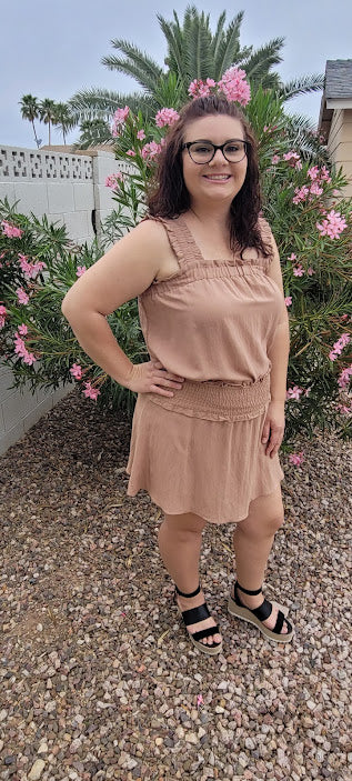 Let’s go exploring! “Lost In The Desert Skirt” features a cinched elastic waistband with ruffled trim, smocked skirt, and lined with shorts. This skirt pairs perfectly with “Lost In The Desert Top”. It is lightweight and breathable. Imagine exploring the mountains out west or dipping your toes in the Gulf of Mexico! This duo makes a perfect vacation outfit! Sizes small through large.