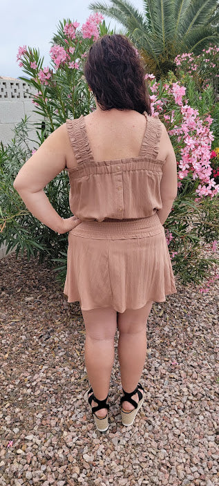 Let’s go exploring! “Lost In The Desert Skirt” features a cinched elastic waistband with ruffled trim, smocked skirt, and lined with shorts. This skirt pairs perfectly with “Lost In The Desert Top”. It is lightweight and breathable. Imagine exploring the mountains out west or dipping your toes in the Gulf of Mexico! This duo makes a perfect vacation outfit! Sizes small through large.