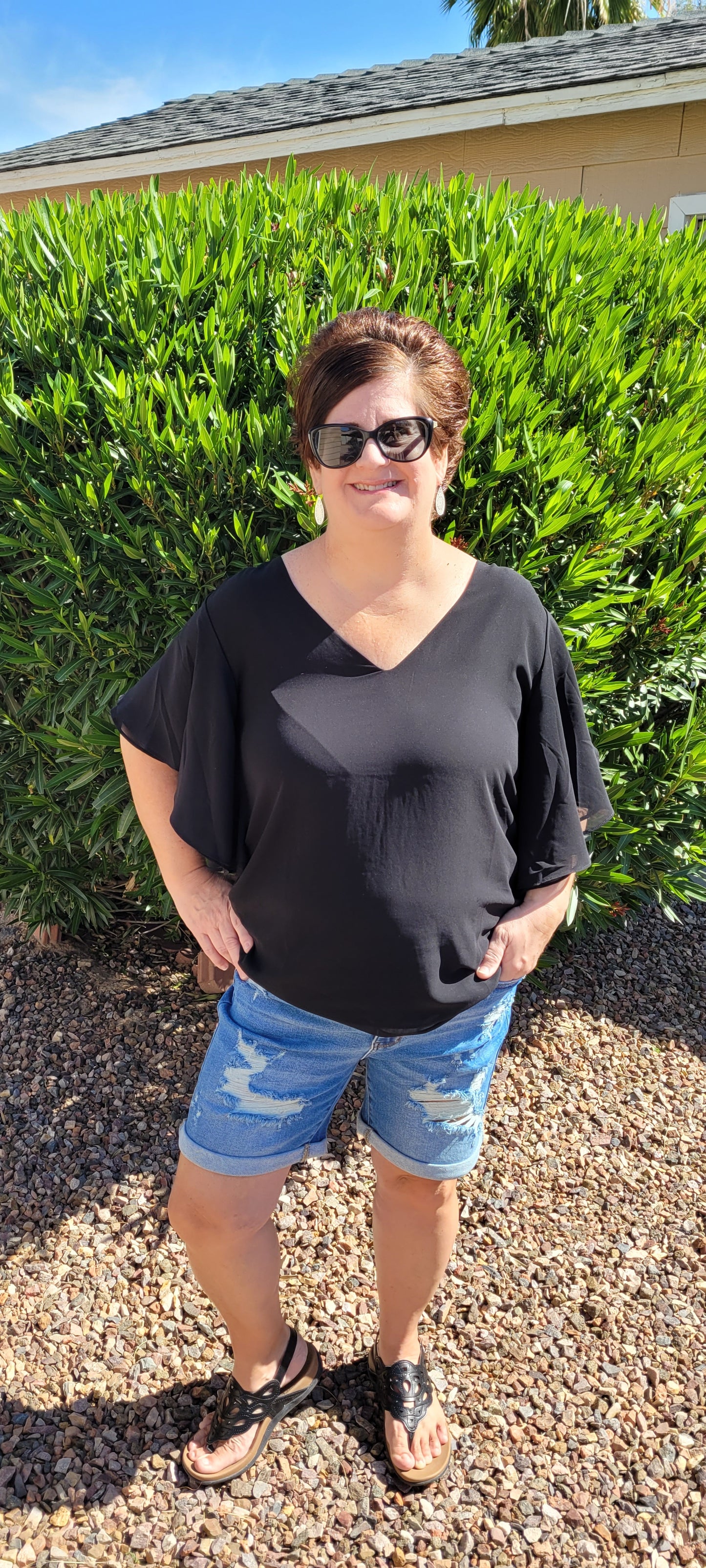 These high waisted, mid- length, distressed shorts feature, cuffed leg, distressed look on front of shorts and the back pockets. These shorts are very stretchy for comfort. A great staple piece for your wardrobe. Go in style girl! You've go this!!