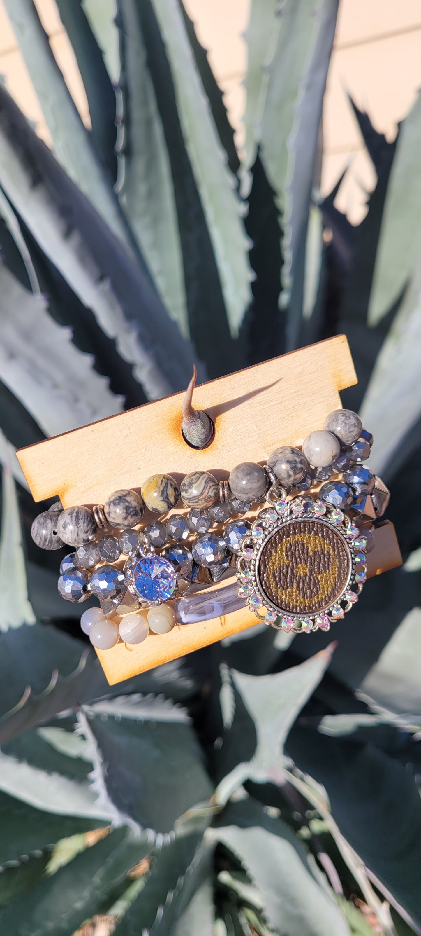 Upcycled Bracelets Stack of 5 stretch bracelets Silver & grey with clear crystal Limited supply! Due to the nature of leather/suede, small variances of color in the skin may occur, this is in no way considered a defect. These are inherent characteristics of leather/suede and will enhance the individual look of your garment.