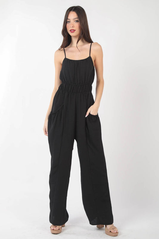 This Pintuck Detail Woven Sleeveless Jumpsuit is a chic and versatile piece for your wardrobe. The pintuck detailing adds a touch of sophistication to the sleeveless jumpsuit silhouette. Made from woven fabric, this jumpsuit offers a sleek and polished look. S - L