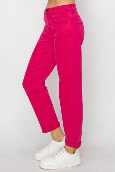 These High Waist Rolled Hem Straight Jeans are the epitome of effortless style and comfort. The high waist design not only flatters and accentuates your curves, but also provides a comfortable fit that stays in place all day long. The rolled hem adds a trendy and casual touch, giving these jeans a relaxed and laid-back vibe.