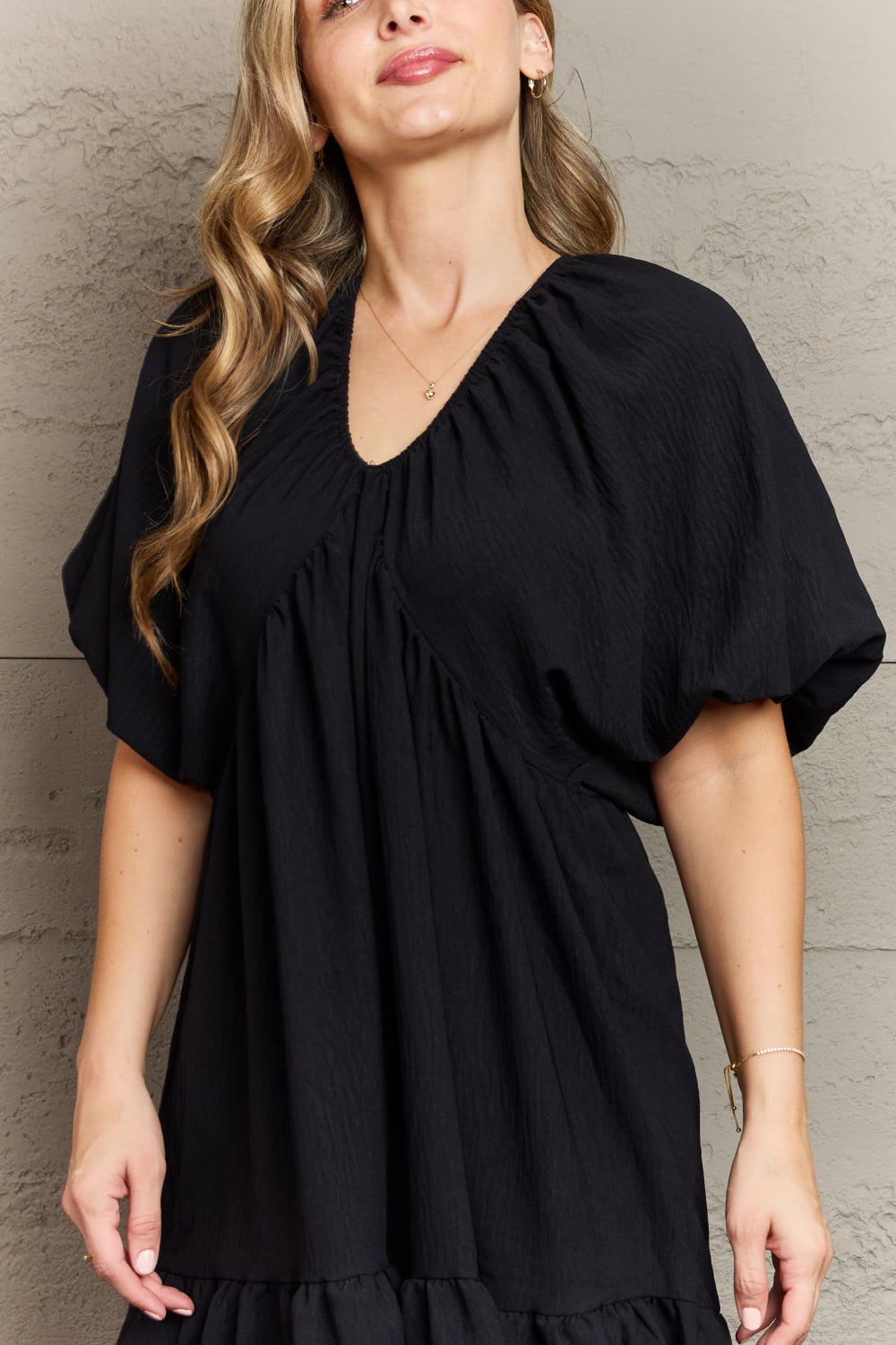 *Exclusively Online* Comfort Cutie Double V-Neck Puff Sleeve Mini Dress