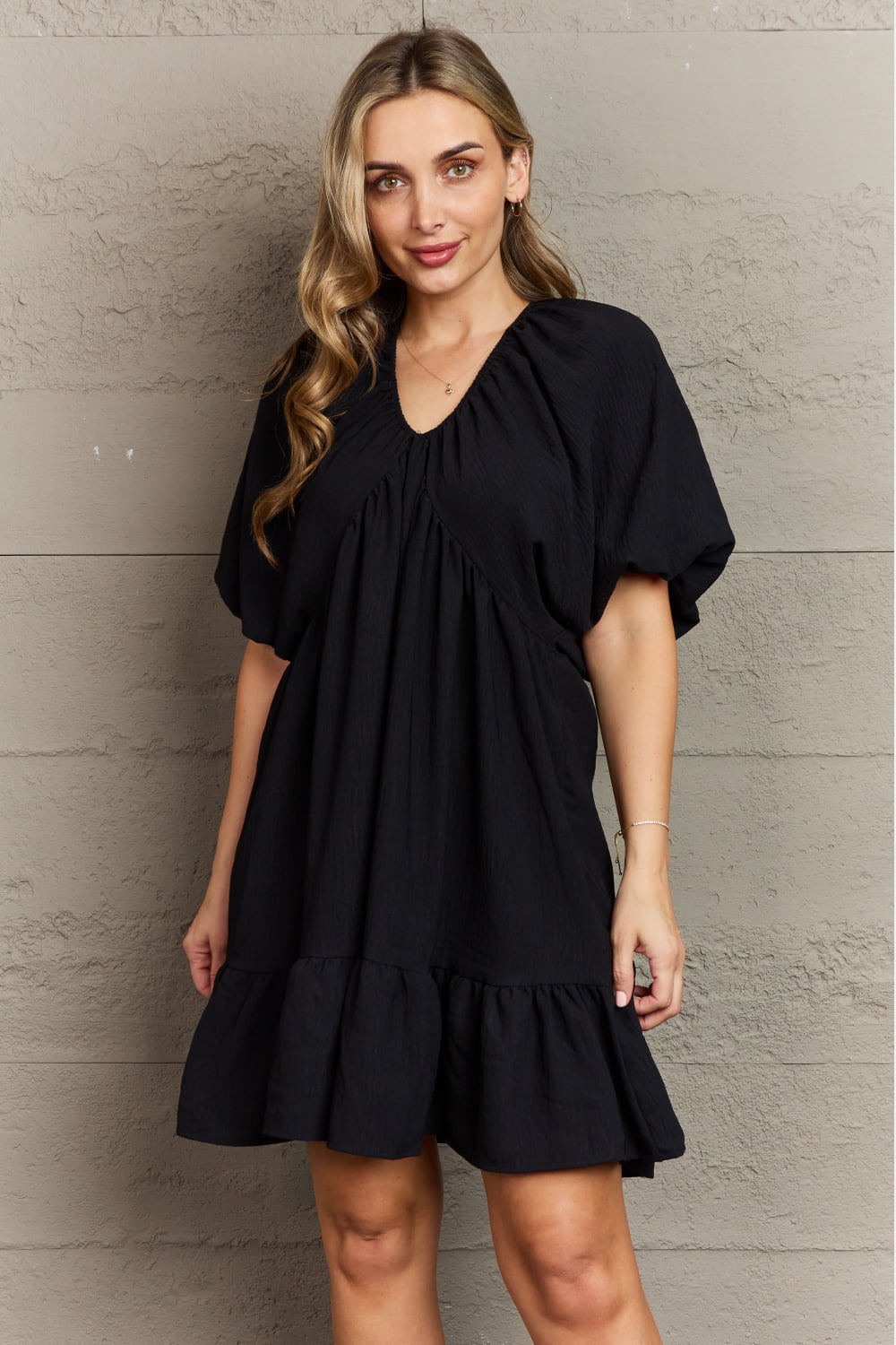 *Exclusively Online* Comfort Cutie Double V-Neck Puff Sleeve Mini Dress