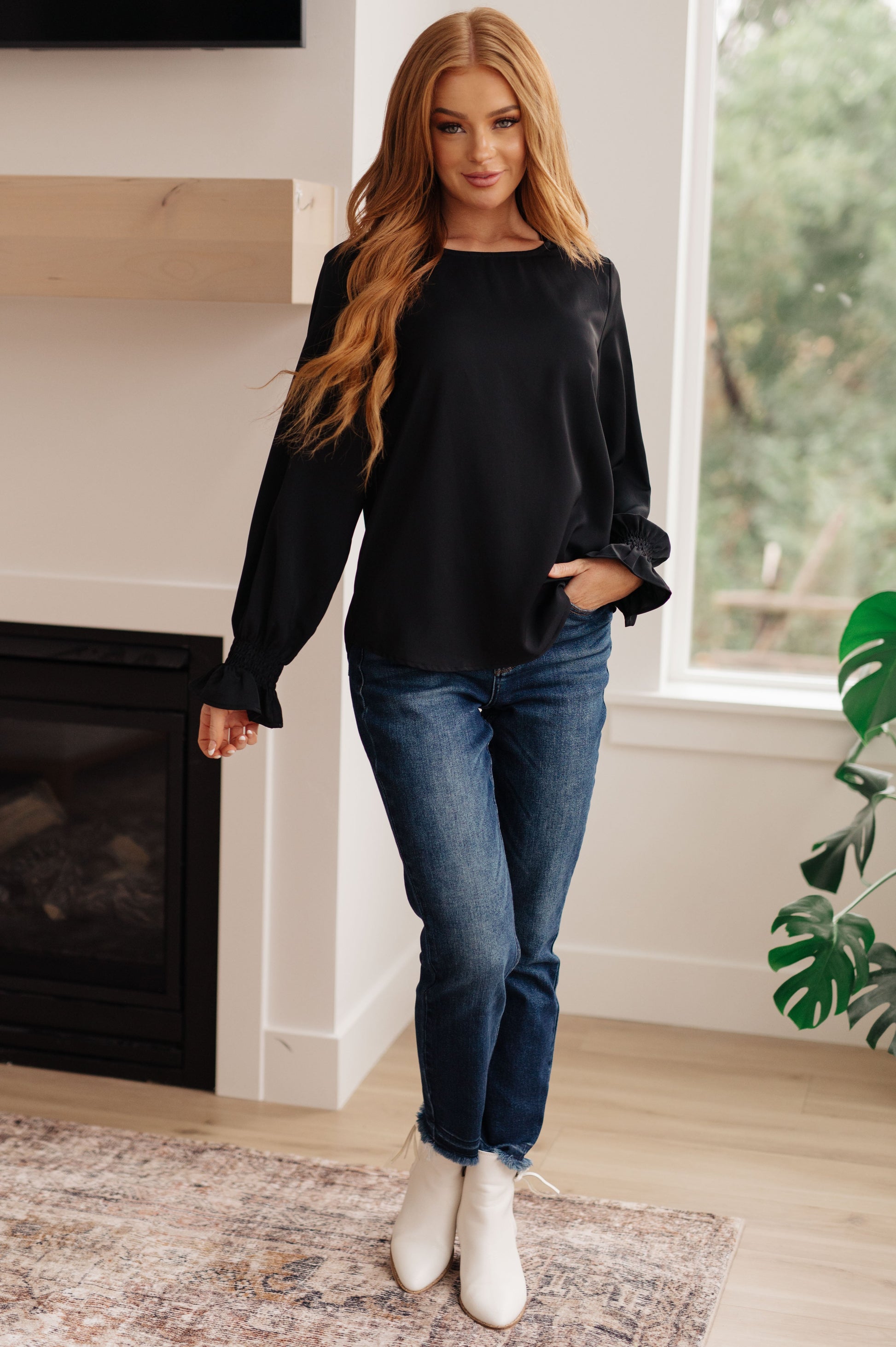Look and feel your best, no matter the occasion, with our Peaceful Moments Smocked Sleeve Blouse. This go-to blouse has a smocked elastic sleeve cuff for a cool ruffled accent, easily transitioning from office to date night. A wardrobe staple that will take you places! S - 3X