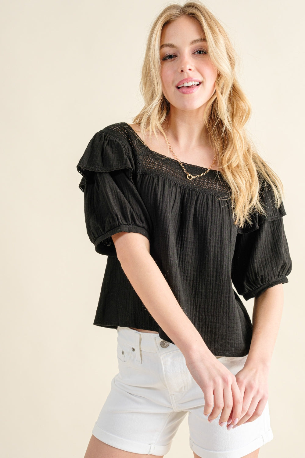This Square Neck Cotton Gauze Ruffled Blouse is a feminine and chic piece that adds a touch of elegance to any outfit. The square neckline creates a flattering silhouette, while the ruffled details add a soft and romantic touch. Made with lightweight cotton gauze fabric, it is perfect for staying cool and comfortable during warm weather.  S - XL