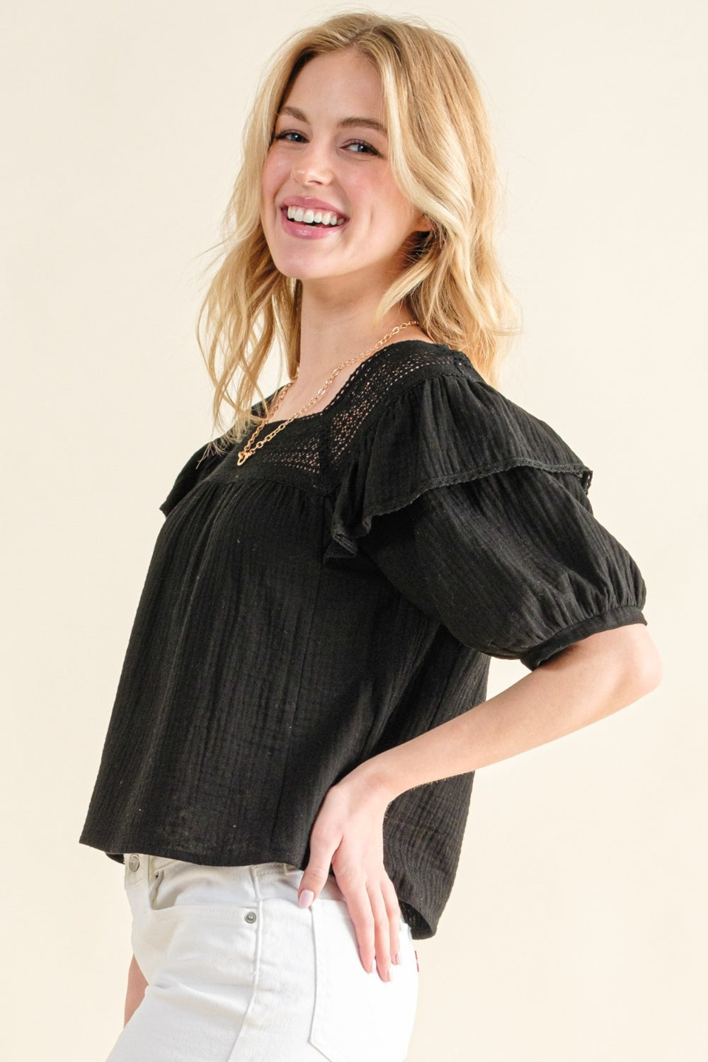 This Square Neck Cotton Gauze Ruffled Blouse is a feminine and chic piece that adds a touch of elegance to any outfit. The square neckline creates a flattering silhouette, while the ruffled details add a soft and romantic touch. Made with lightweight cotton gauze fabric, it is perfect for staying cool and comfortable during warm weather.  S - XL