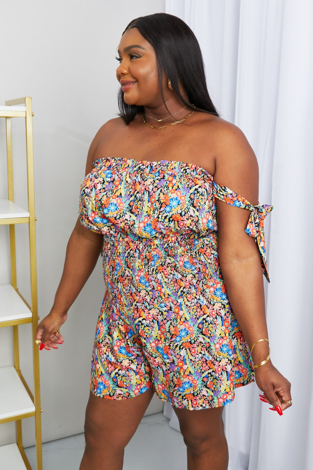 *Exclusively Online* Find Me Among The Wildflowers Tied Smocked Off-Shoulder Romper