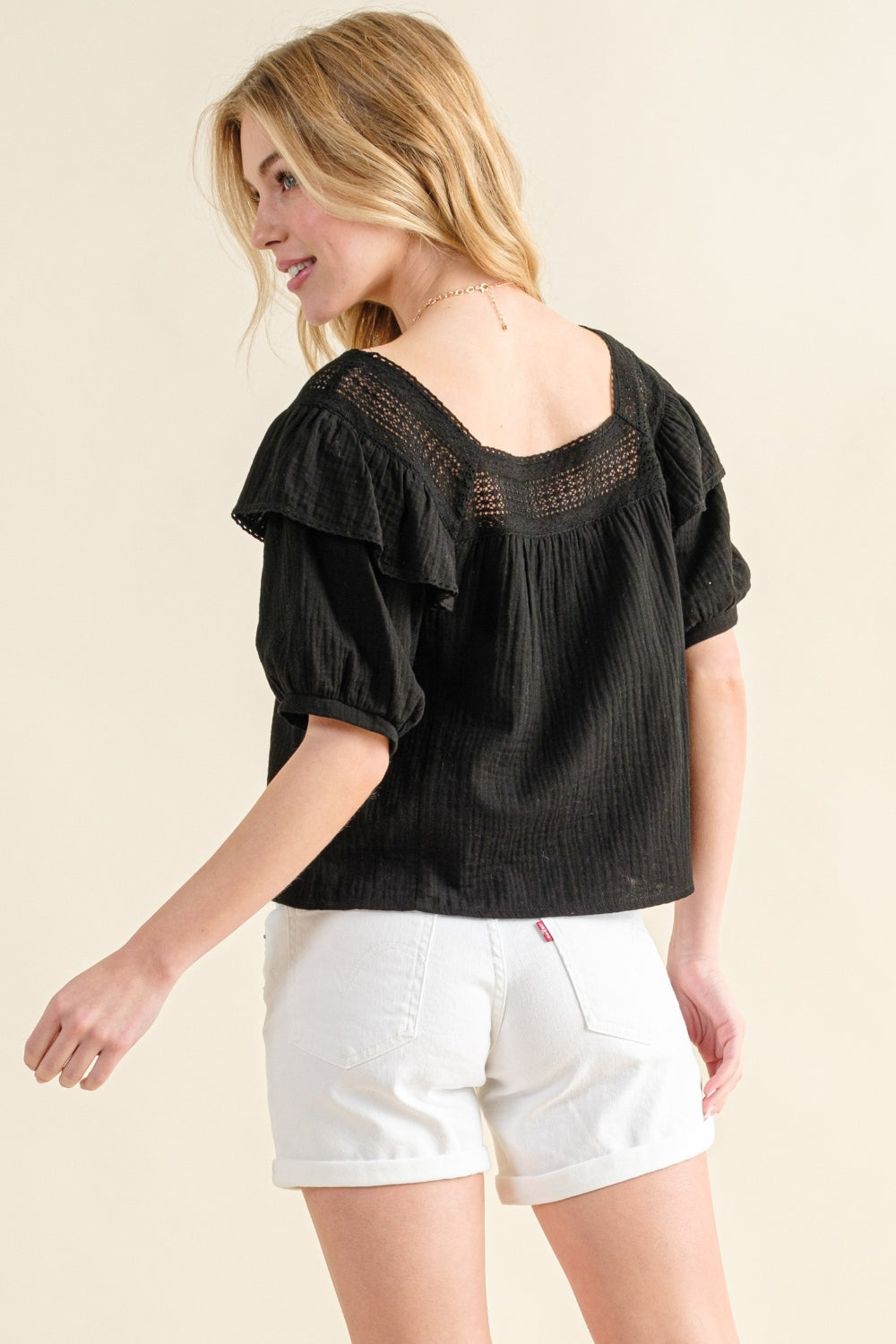 This Square Neck Cotton Gauze Ruffled Blouse is a feminine and chic piece that adds a touch of elegance to any outfit. The square neckline creates a flattering silhouette, while the ruffled details add a soft and romantic touch. Made with lightweight cotton gauze fabric, it is perfect for staying cool and comfortable during warm weather.  S - XL