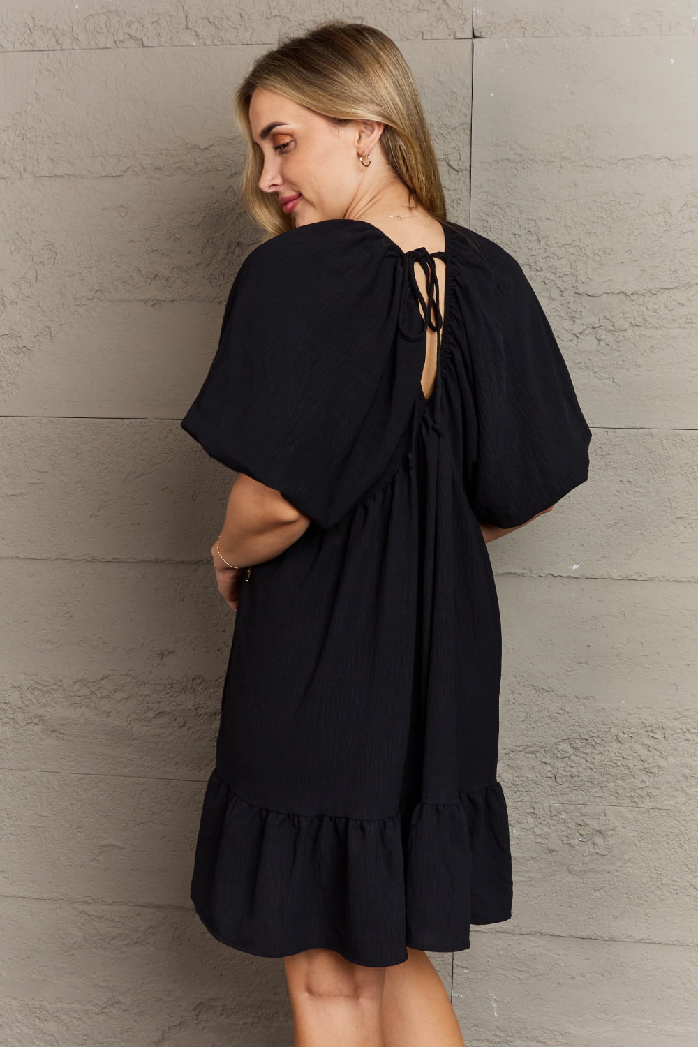 *Exclusively Online* Comfort Cutie Double V-Neck Puff Sleeve Mini Dress